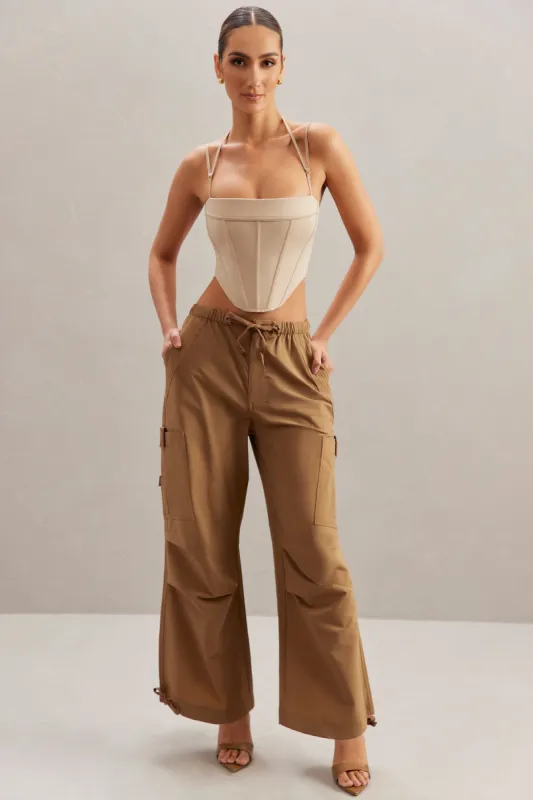 Wide Leg Cargo Trousers in Tan sold by Oh Polly