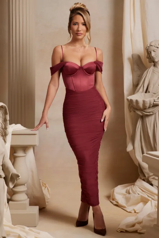 Off The Shoulder Ruched Corset Maxi Dress in Red sold by Oh Polly