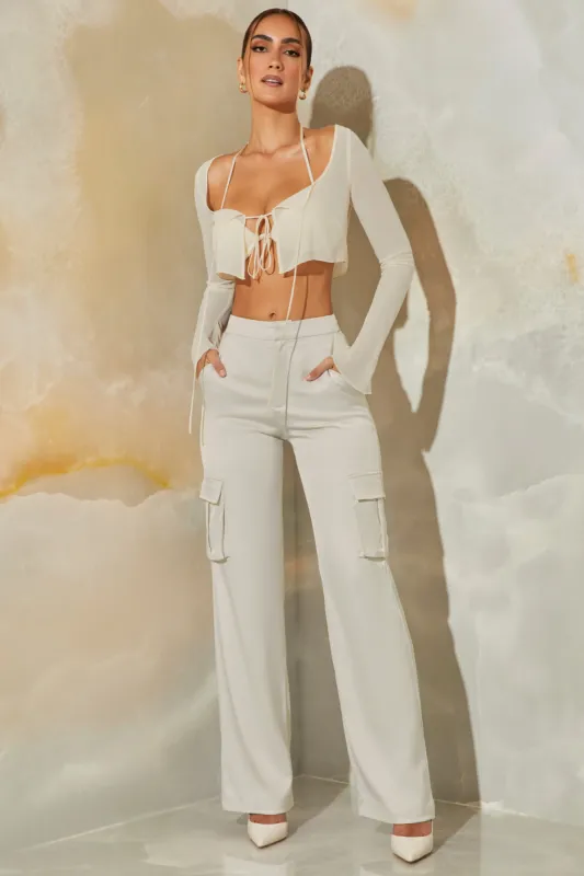 Satin Straight Leg Cargo Trousers in Stone sold by Oh Polly