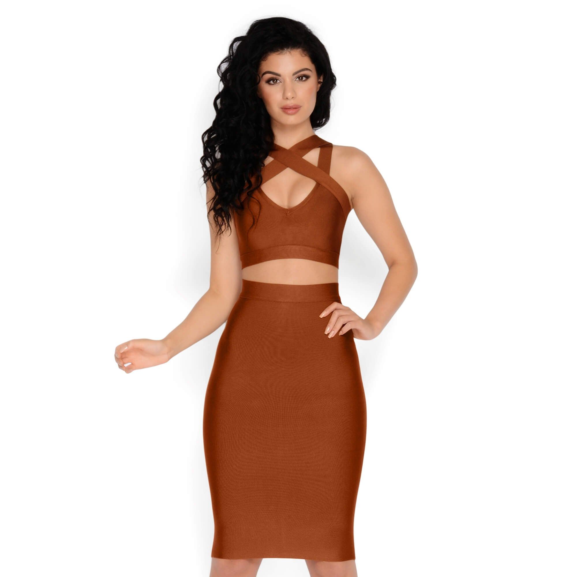 Smooth Over Bandage Midi Skirt in Tan sold by Oh Polly