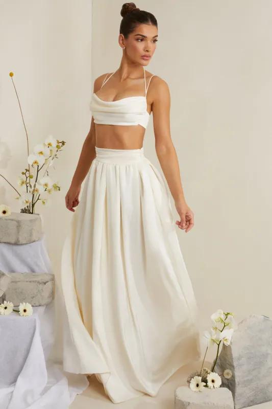 Pleated Heavy Satin Maxi Skirt in White sold by Oh Polly