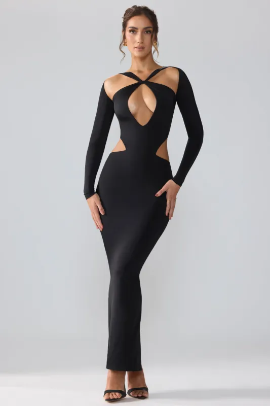 Premium Jersey Long Sleeve Cut Out Maxi Dress in Black sold by Oh Polly