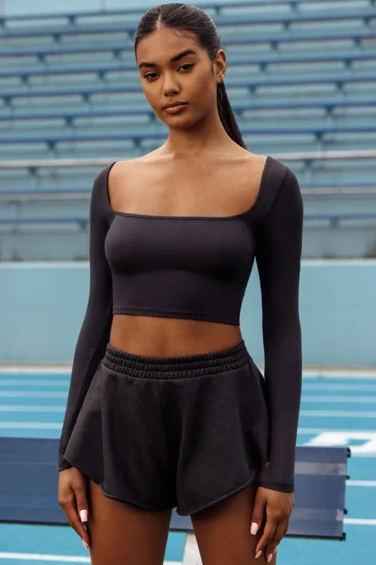 Soft Rib Scoop Neck Long Sleeve Top in Washed Black sold by Oh Polly