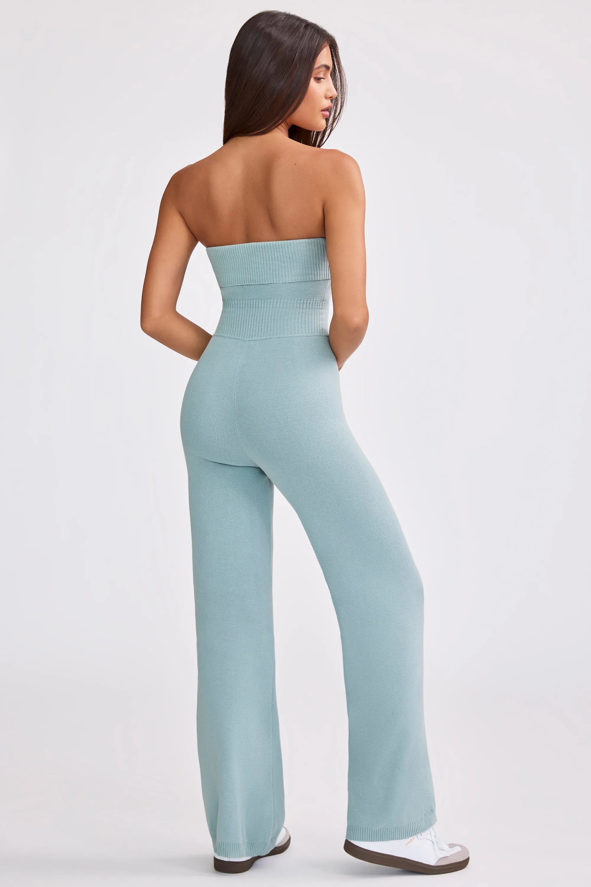 Chunky Knit Bandeau Kick Flare Jumpsuit in Dusty Teal sold by Oh Polly product image thumbnail 2