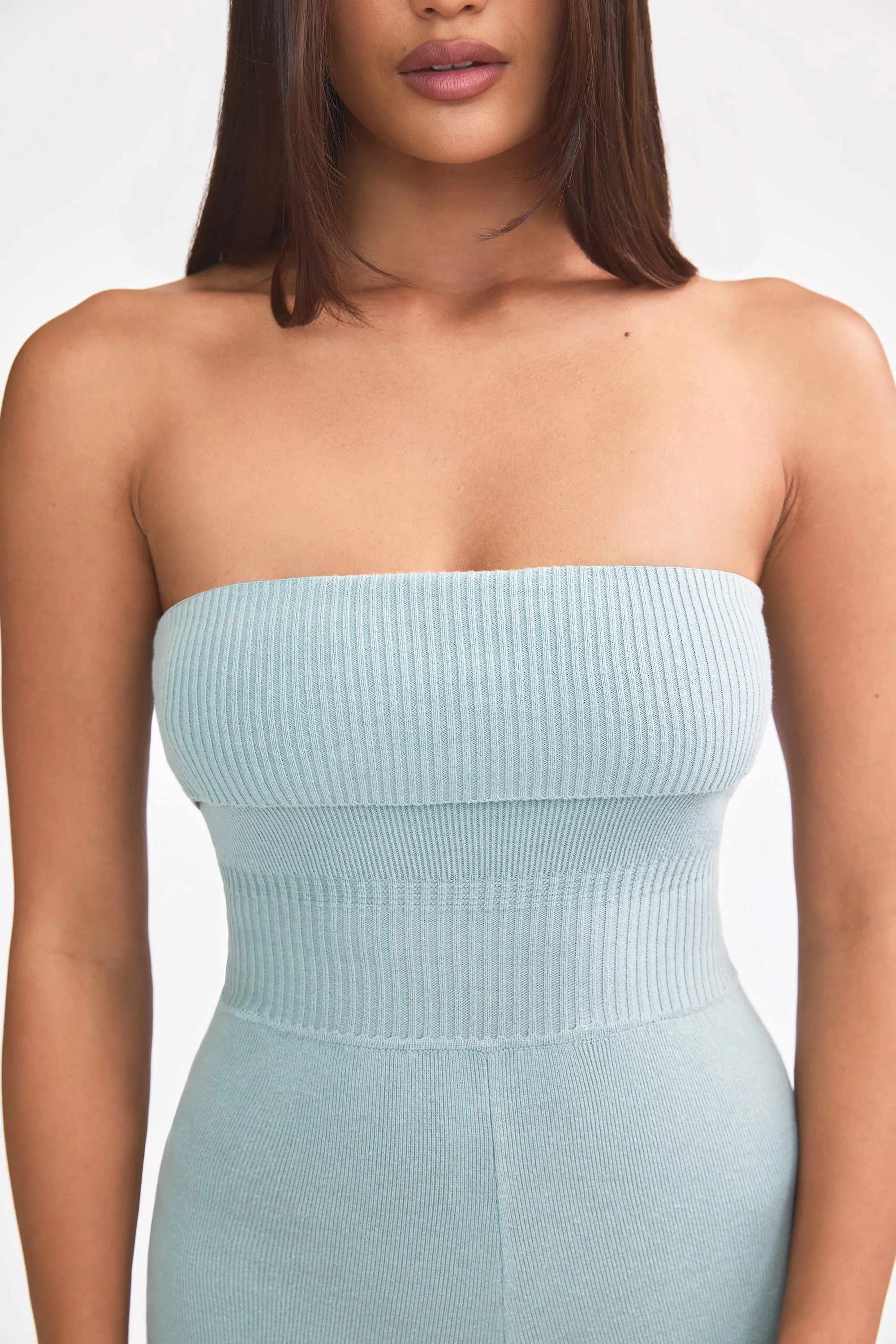 Chunky Knit Bandeau Kick Flare Jumpsuit in Dusty Teal sold by Oh Polly product image thumbnail 4