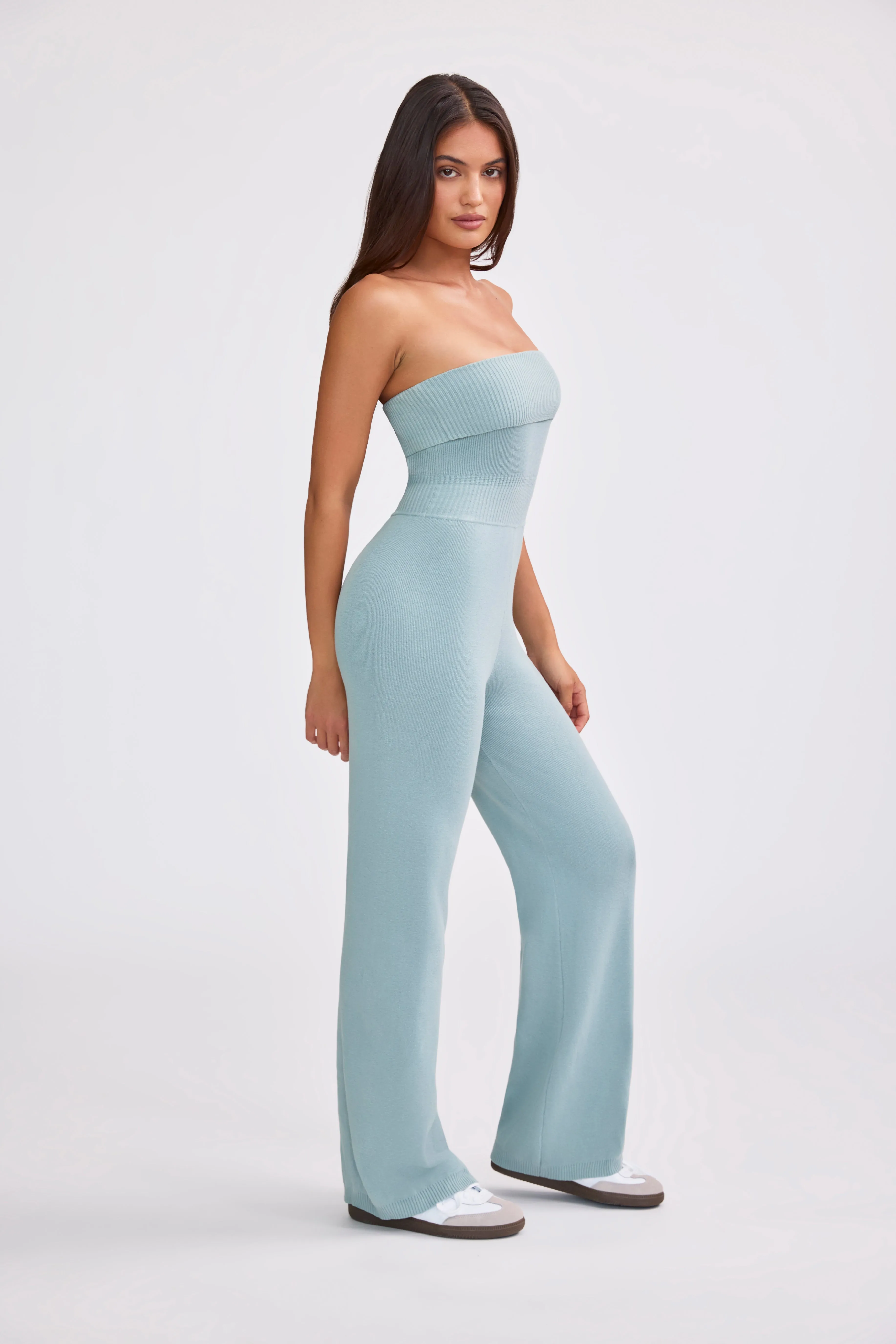 Chunky Knit Bandeau Kick Flare Jumpsuit in Dusty Teal sold by Oh Polly product image thumbnail 3