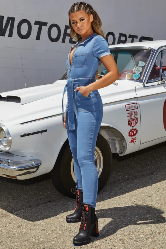 Jump Start Petite Denim Belted Boiler Suit in Blue sold by Oh Polly