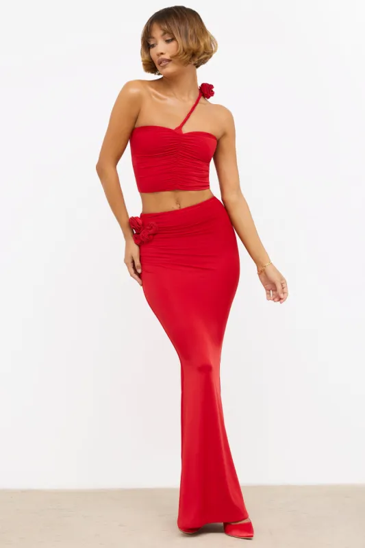 Slinky Jersey Rose Detail Mid-Rise Maxi Skirt in Scarlet Red sold by Oh Polly