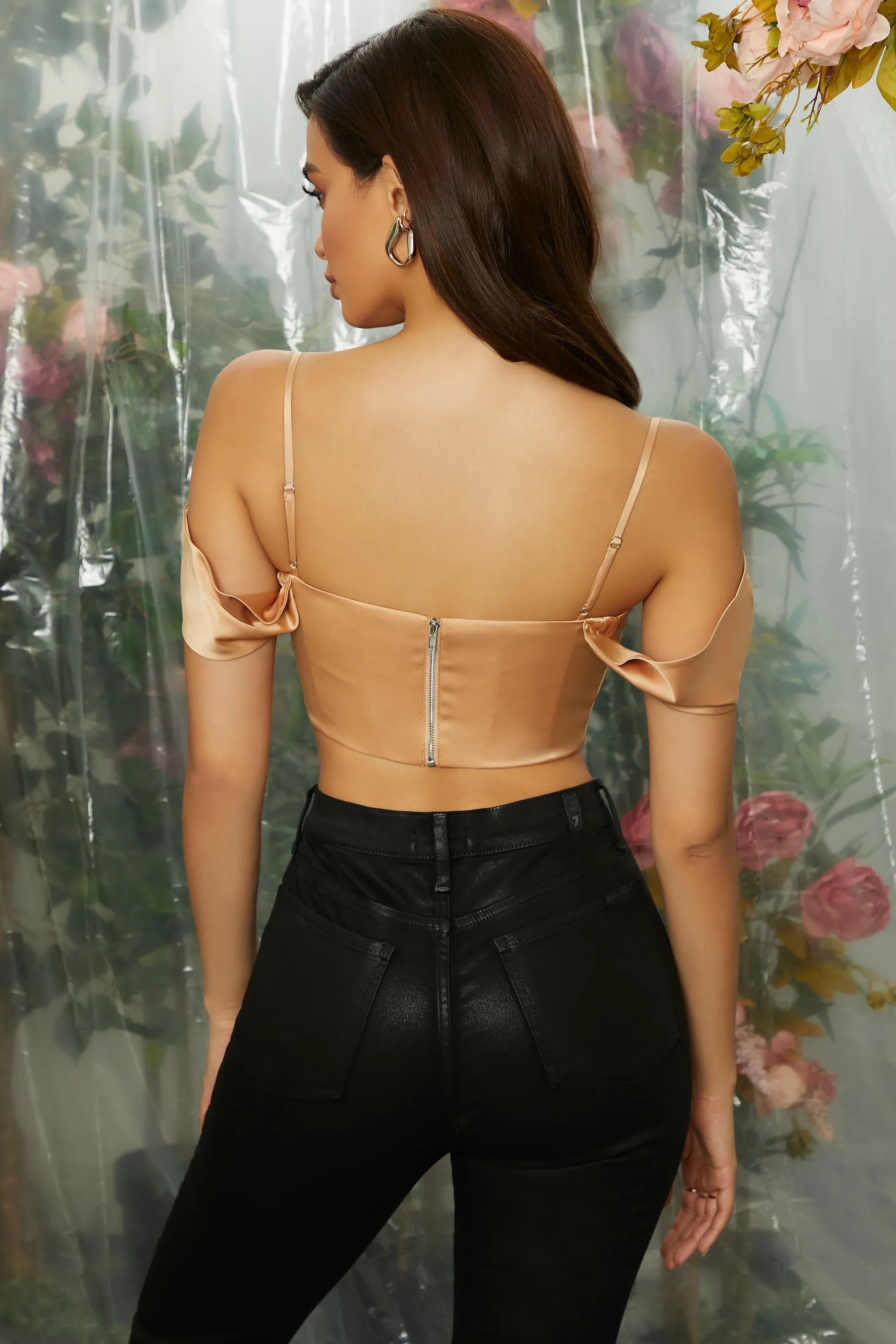 Off The Shoulder Cowl Neck Corset Crop Top In Beige sold by Oh Polly product image thumbnail 2