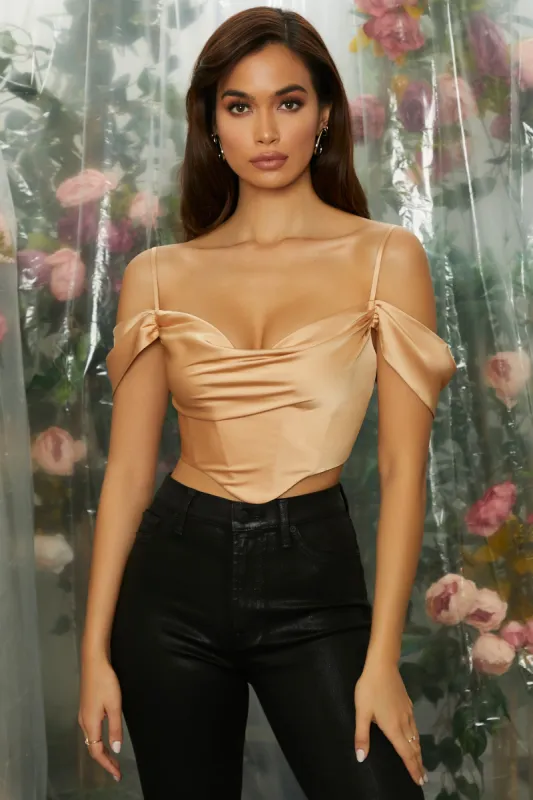 Off The Shoulder Cowl Neck Corset Crop Top In Beige sold by Oh Polly
