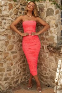 Keep It Simple Ruched Midaxi Dress in Coral sold by Oh Polly