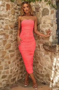 Keep It Simple Ruched Midaxi Dress in Coral sold by Oh Polly
