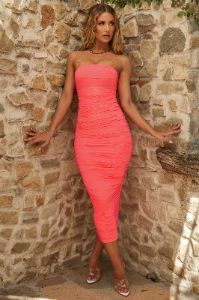 Keep It Simple Ruched Midaxi Dress in Coral sold by Oh Polly