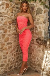 Keep It Simple Ruched Midaxi Dress in Coral sold by Oh Polly