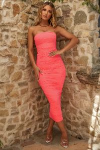 Keep It Simple Ruched Midaxi Dress in Coral sold by Oh Polly