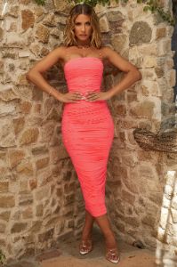 Keep It Simple Ruched Midaxi Dress in Coral sold by Oh Polly