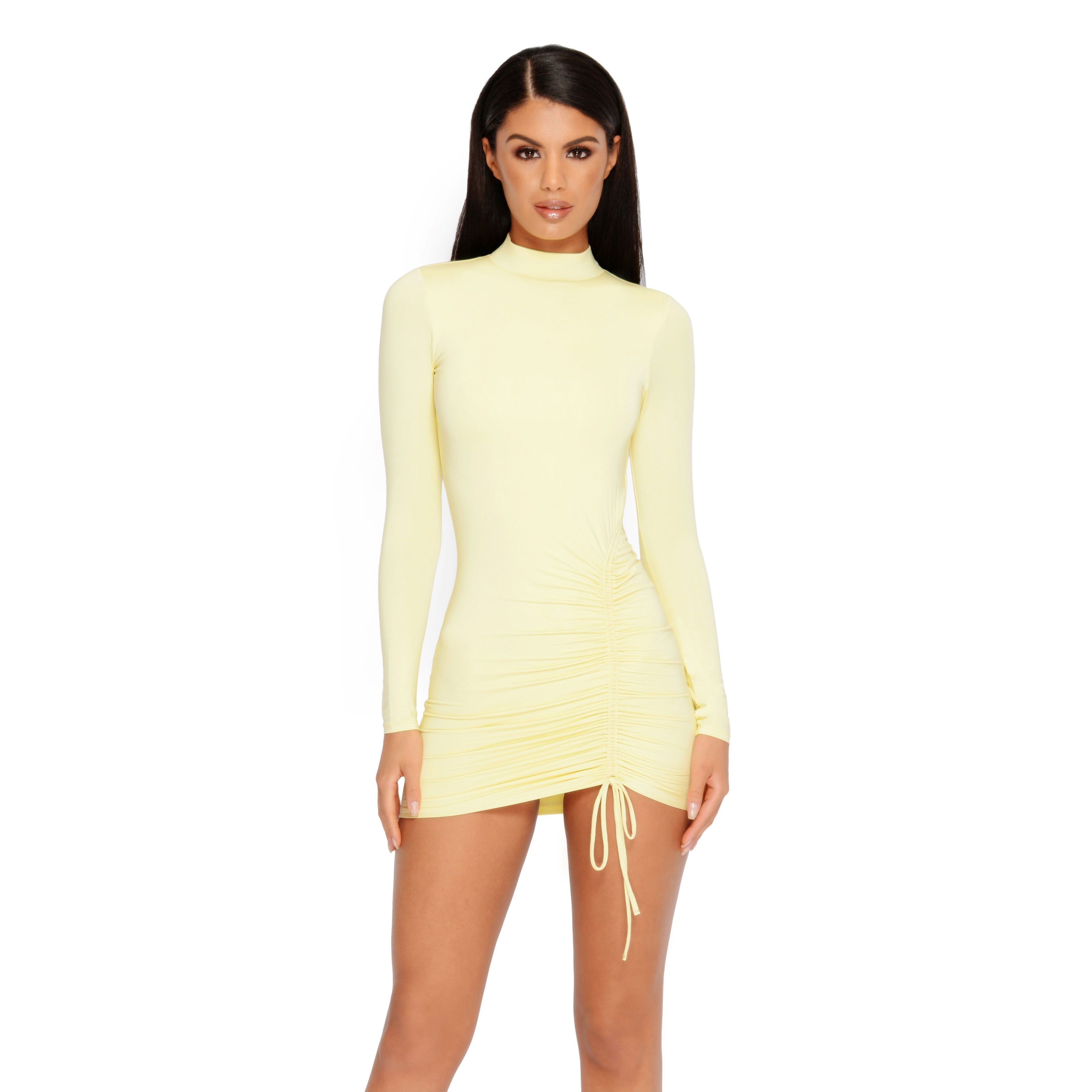Tie Baby Long Sleeve High Neck Ruched Mini Dress in Yellow sold by Oh Polly product image thumbnail 2