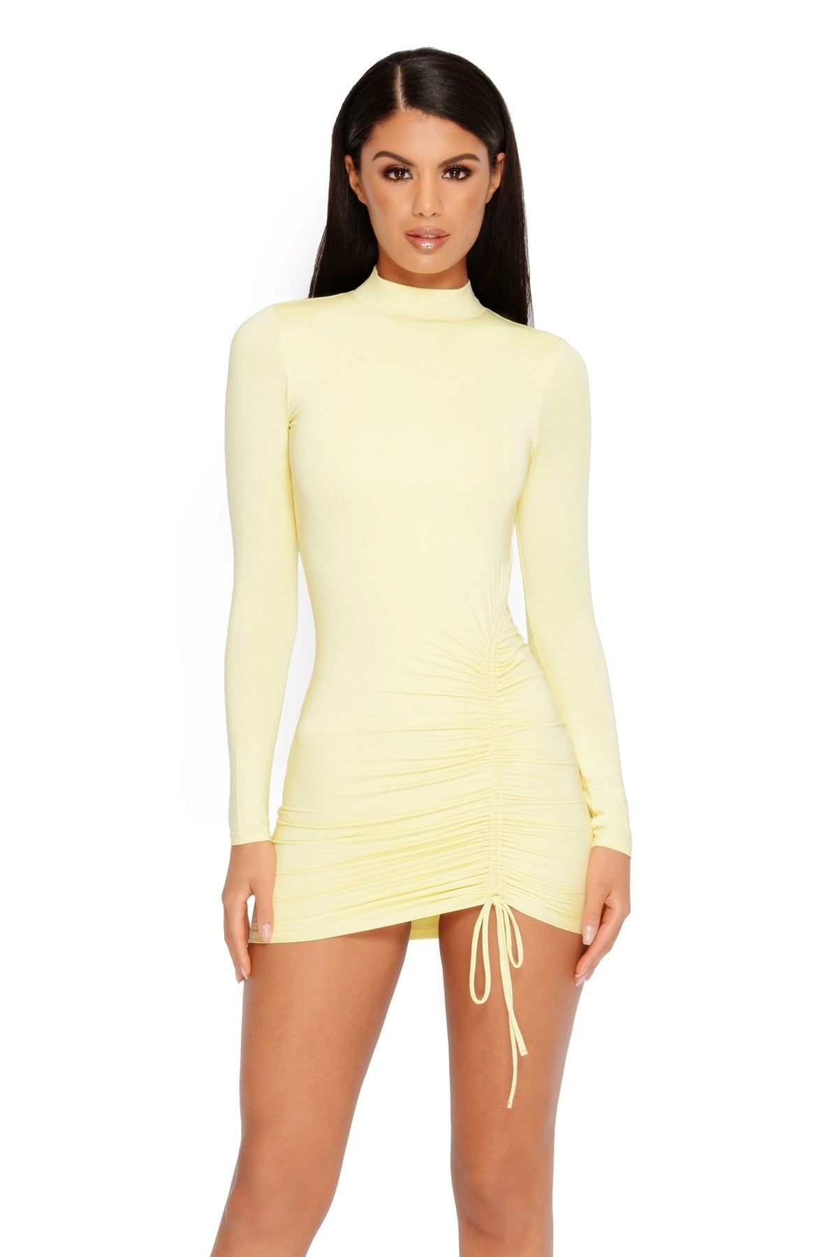 Tie Baby Long Sleeve High Neck Ruched Mini Dress in Yellow sold by Oh Polly