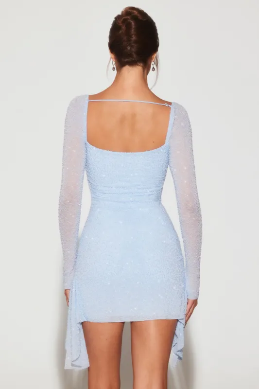 long sleeve embellished cowl neck mini dress in blue Long Sleeve Embellished Cowl Neck Mini Dress in Blue