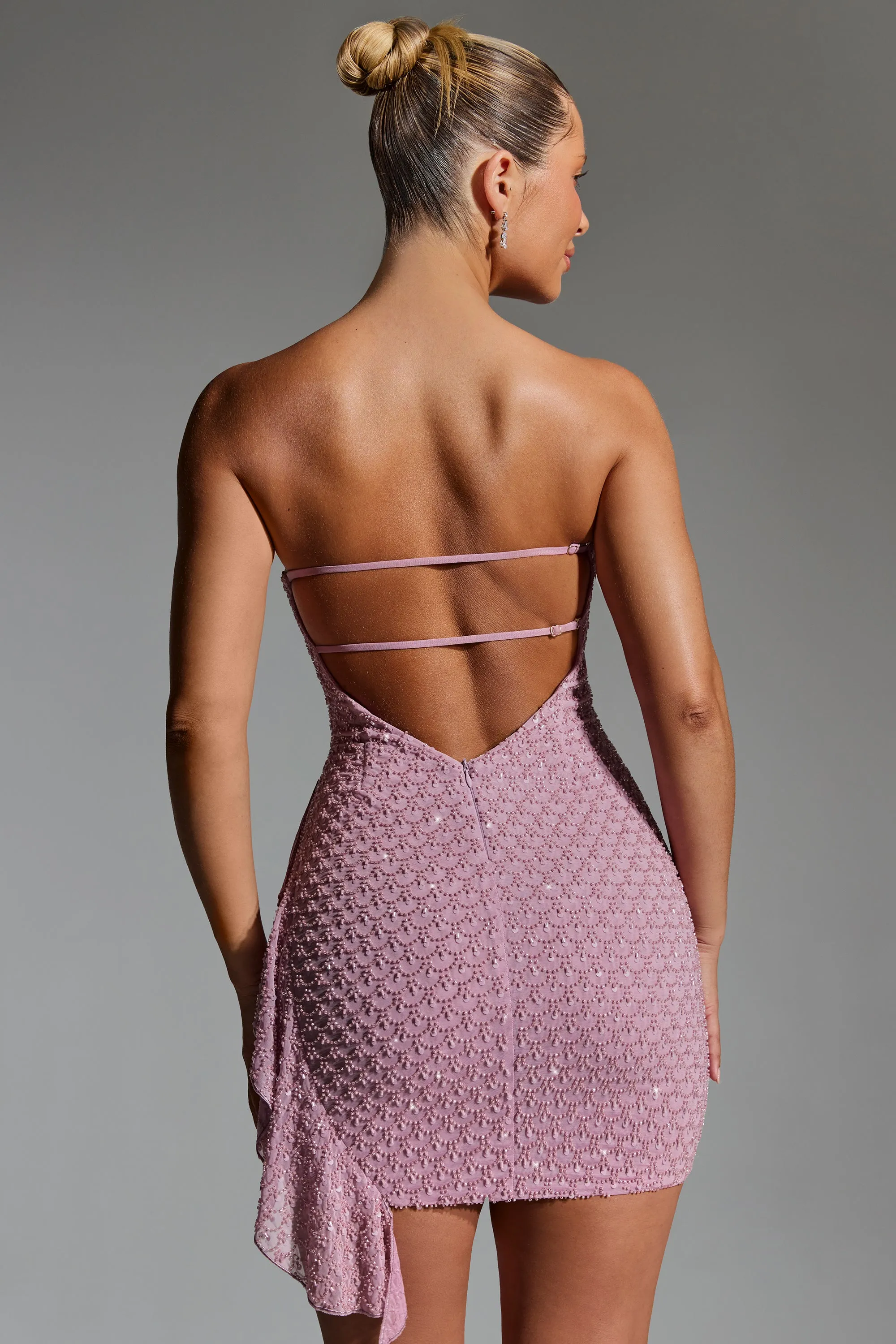 Embellished Ruffled Cowl-Neck Bandeau Mini Dress in Mauve sold by Oh Polly product image thumbnail 2