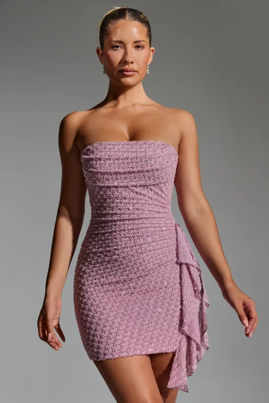Embellished Ruffled Cowl-Neck Bandeau Mini Dress in Mauve sold by Oh Polly