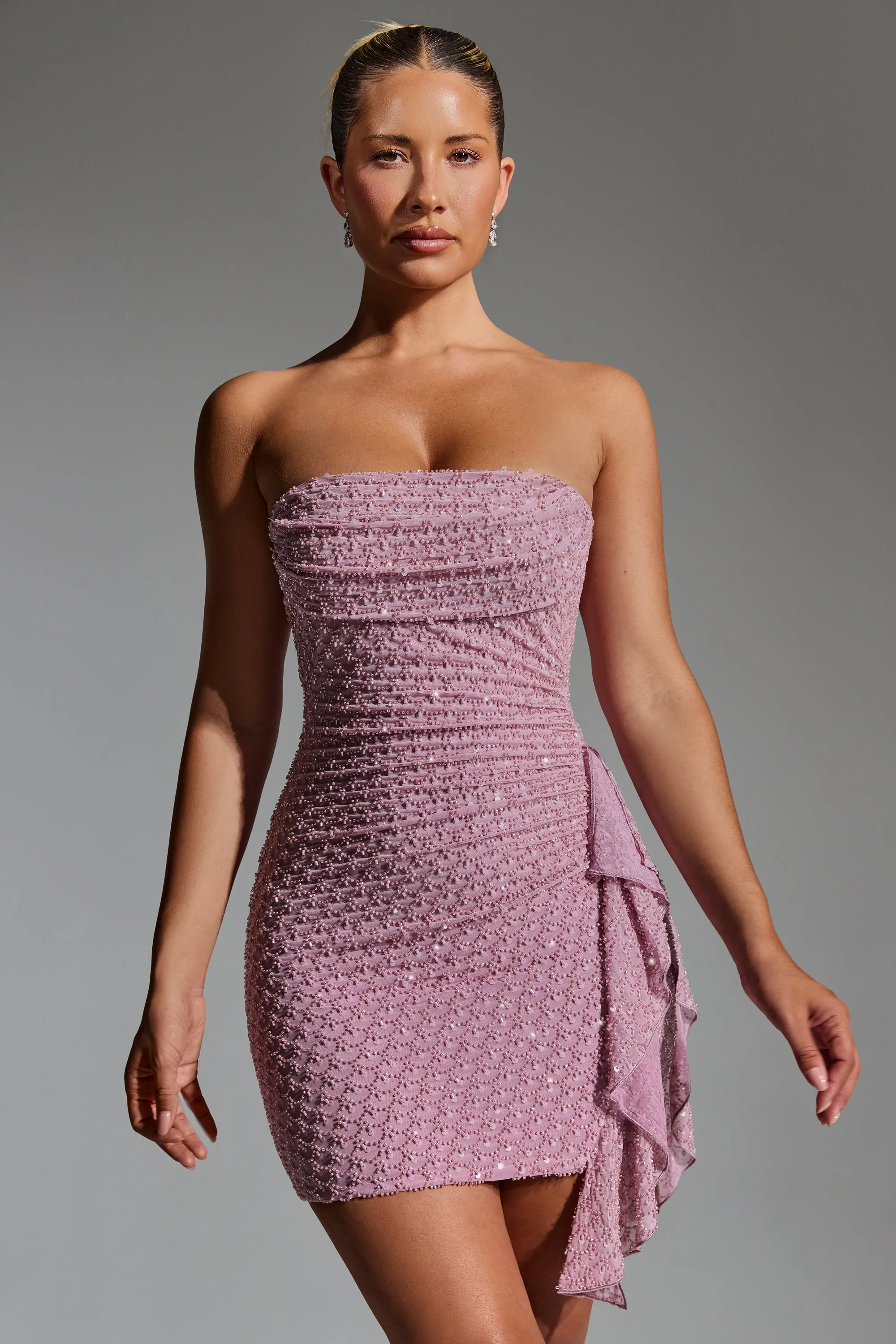 Embellished Ruffled Cowl-Neck Bandeau Mini Dress in Mauve sold by Oh Polly