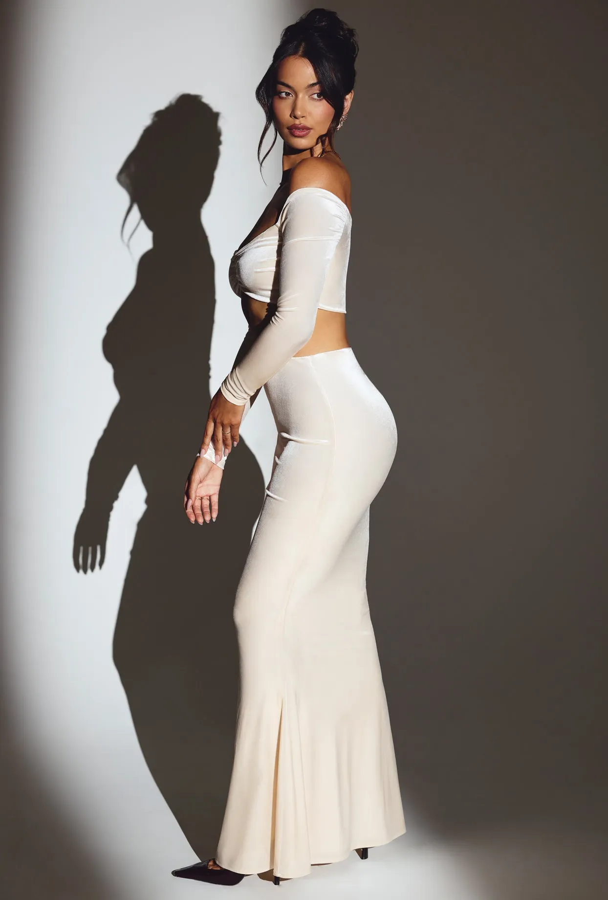 Velvet Mid-Rise Maxi Skirt in Ivory sold by Oh Polly product image thumbnail 3