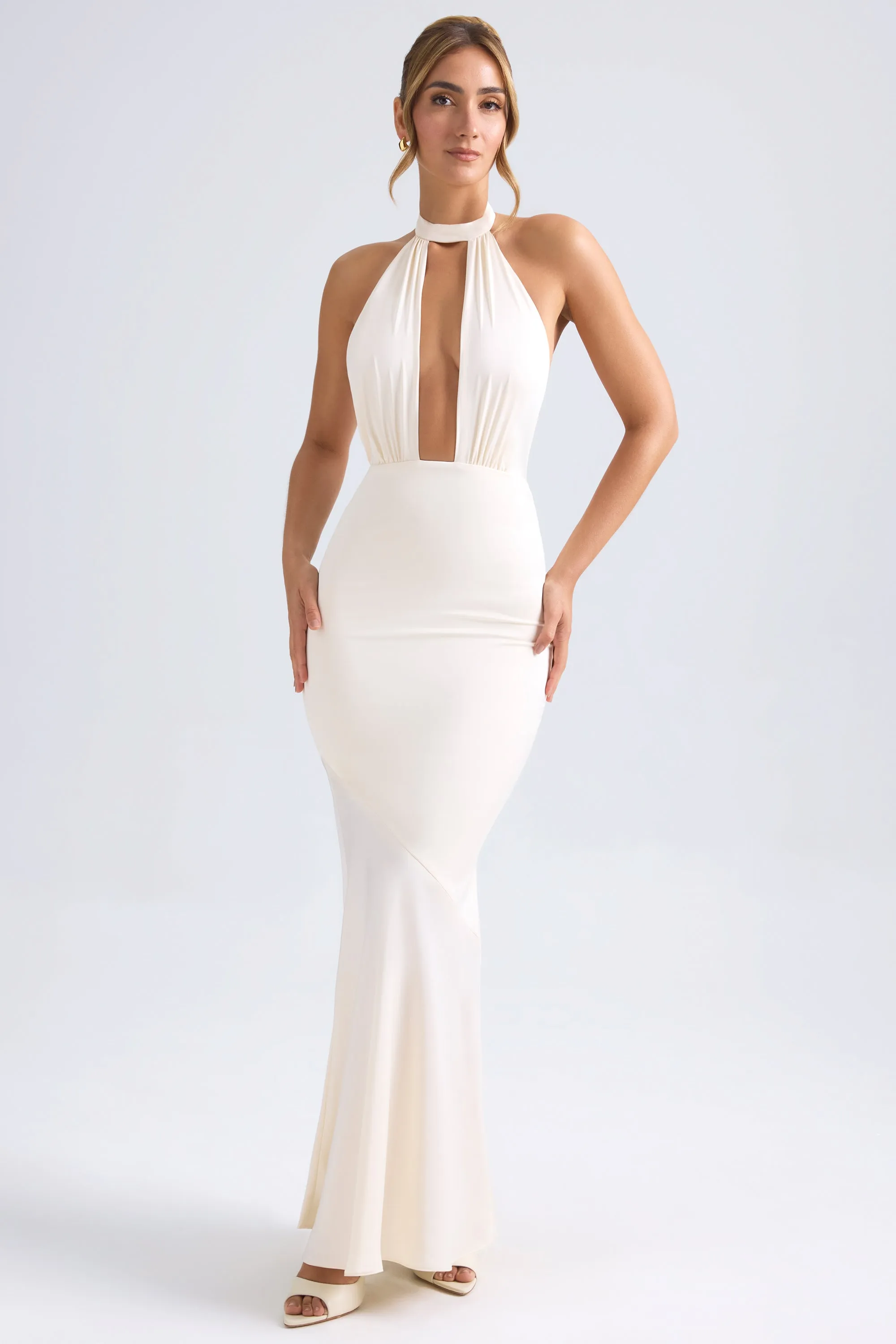 Backless Halterneck Fishtail Gown in Ivory sold by Oh Polly