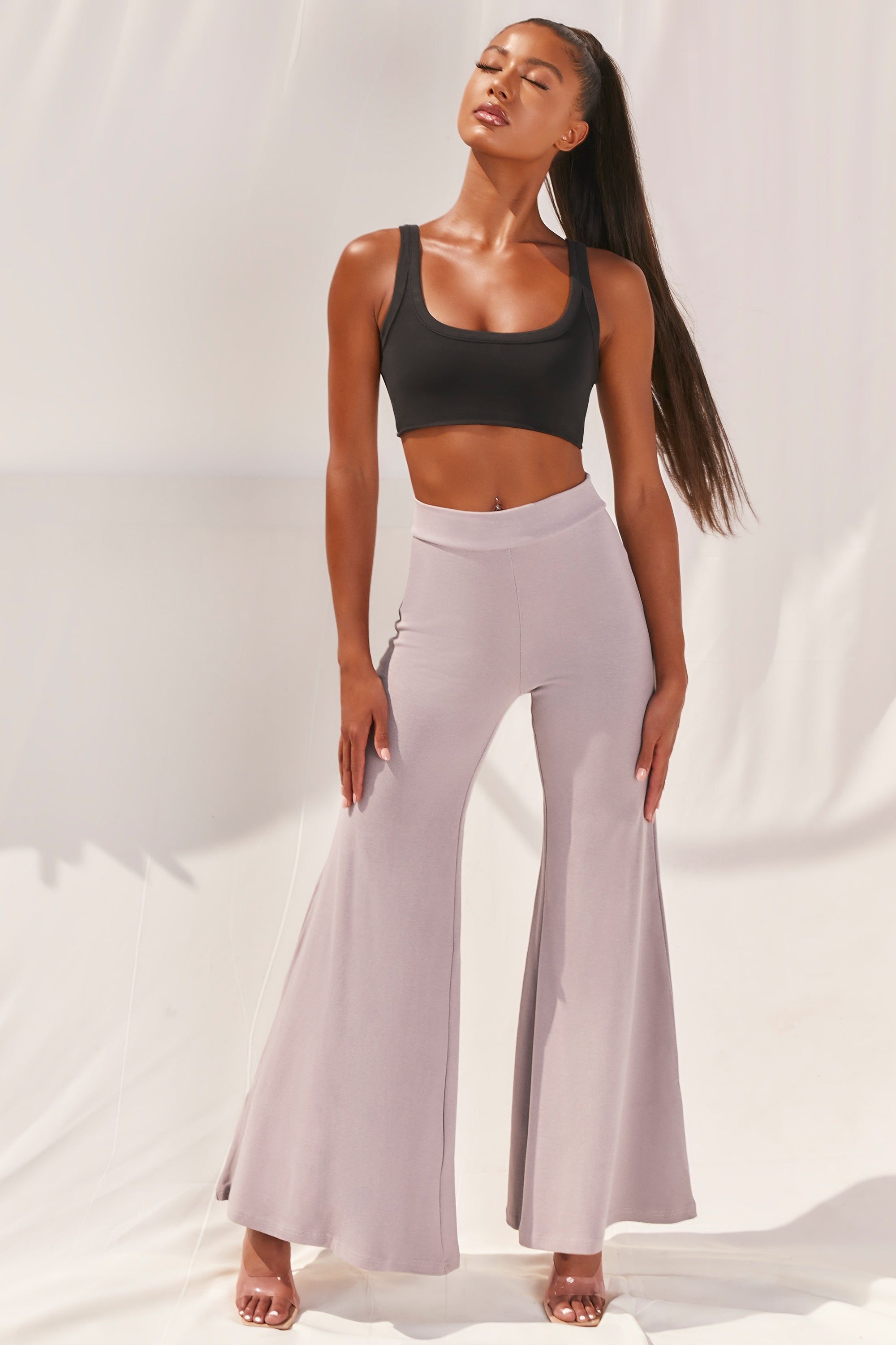 Cutting A Fine Figure Flared Trousers in Taupe sold by Oh Polly