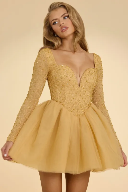 Plunge Neck Tulle Mini Dress in Gold sold by Oh Polly
