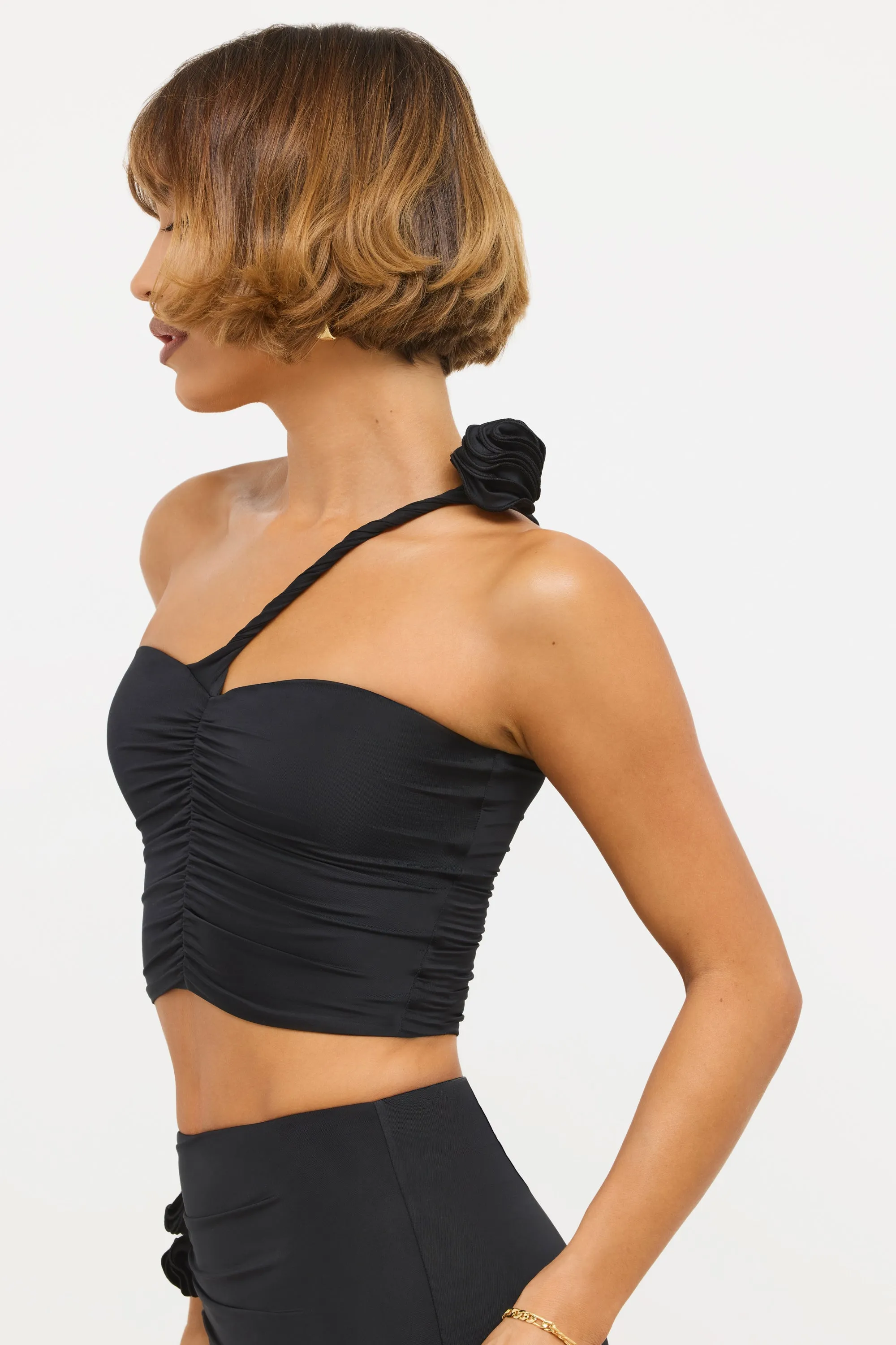 Slinky Jersey Rose Detail Asymmetric Top in Black sold by Oh Polly product image thumbnail 3