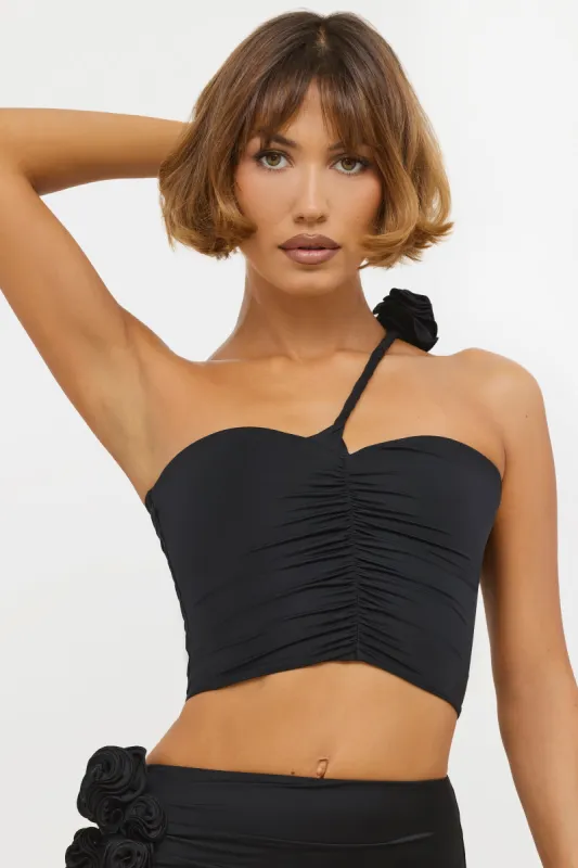 Slinky Jersey Rose Detail Asymmetric Top in Black sold by Oh Polly