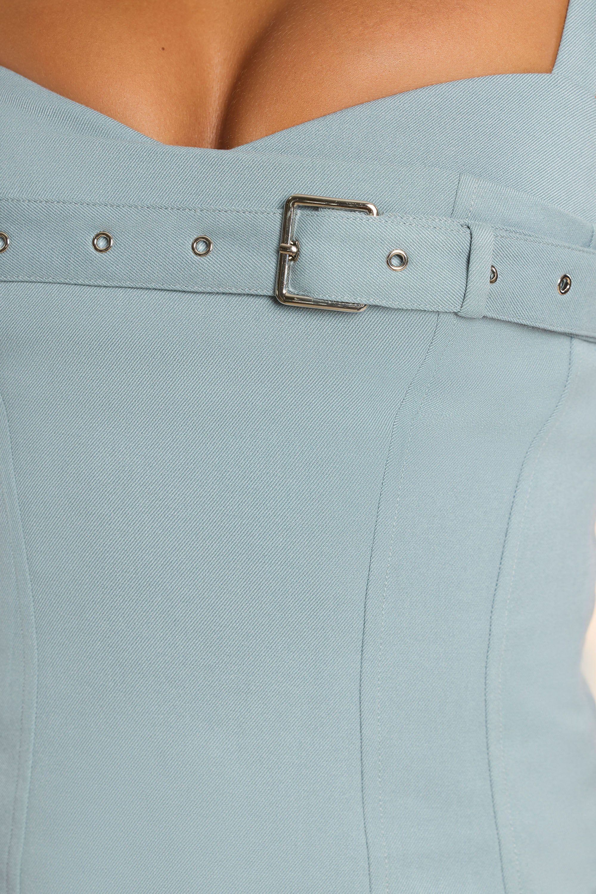 Woven Wool Drop Waist Kilt Mini Dress in Stone Blue sold by Oh Polly product image thumbnail 4