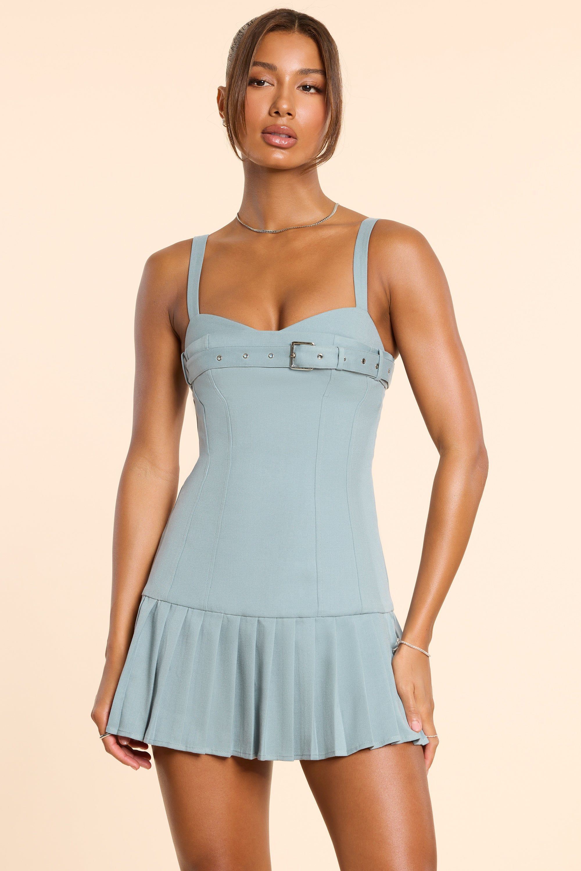 Woven Wool Drop Waist Kilt Mini Dress in Stone Blue sold by Oh Polly product image thumbnail 7