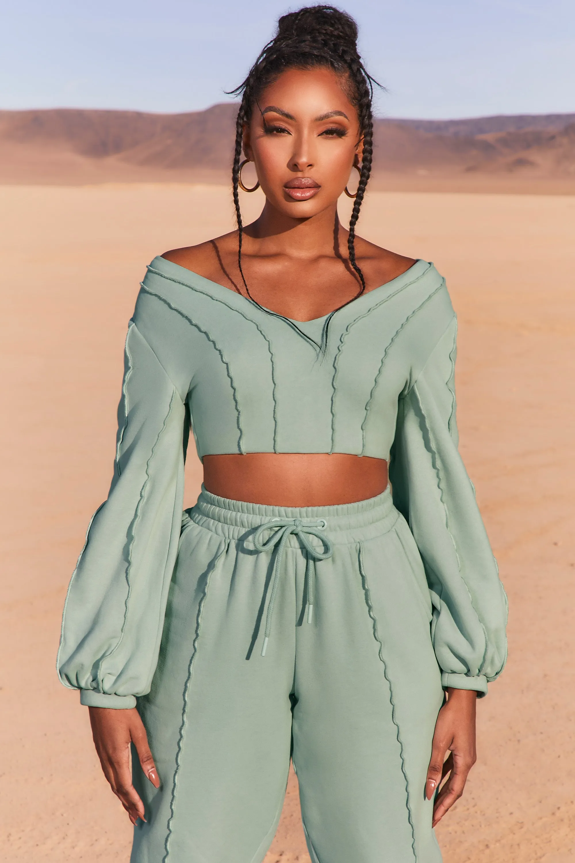 Uncovered Exposed Seam Bardot Crop Top in Blue sold by Oh Polly product image thumbnail 4