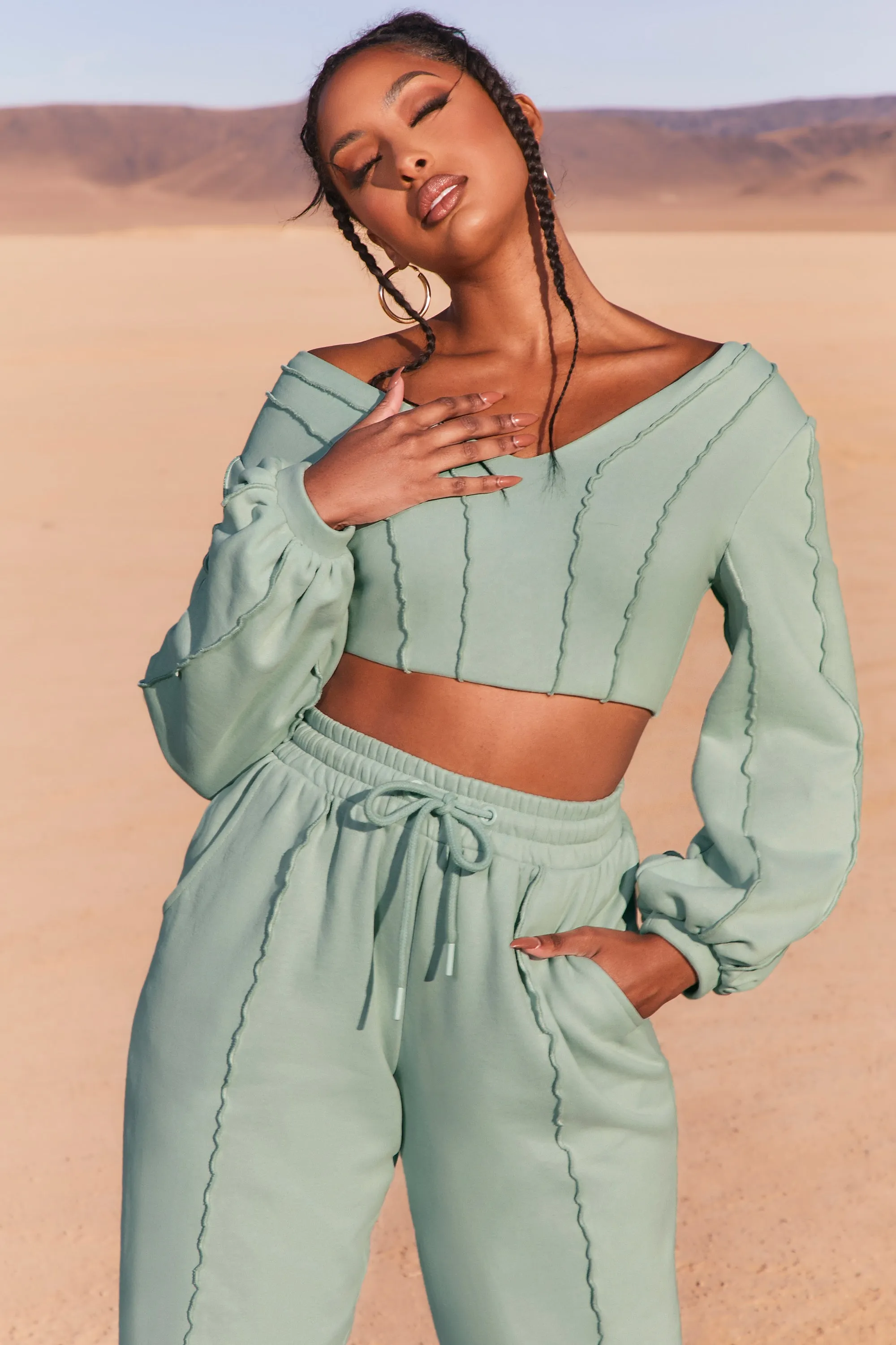 Uncovered Exposed Seam Bardot Crop Top in Blue sold by Oh Polly product image thumbnail 5