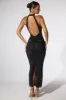 Embellished Halter Neck Low Back Evening Gown in Black sold by Oh Polly
