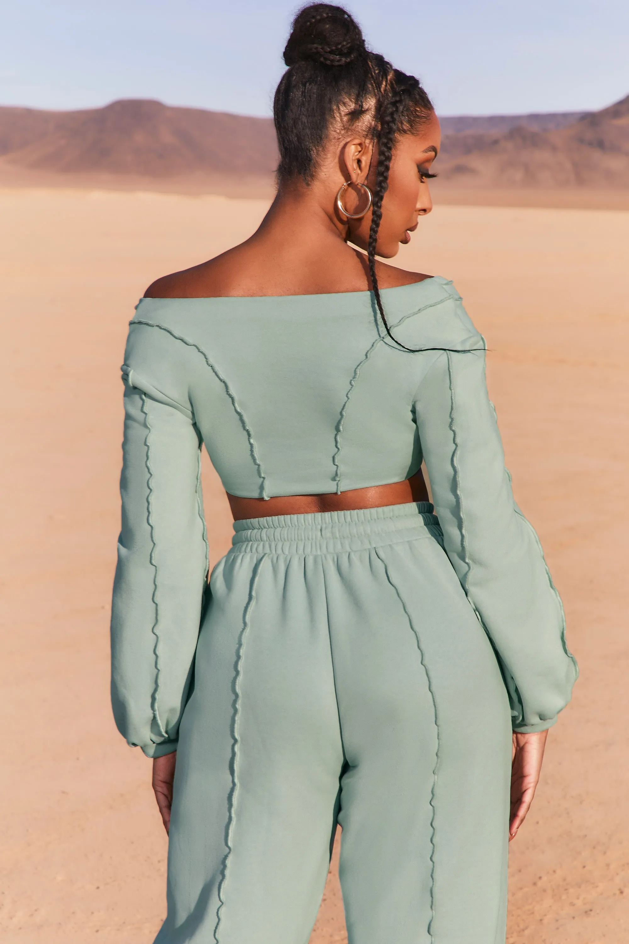 Uncovered Exposed Seam Bardot Crop Top in Blue sold by Oh Polly product image thumbnail 2