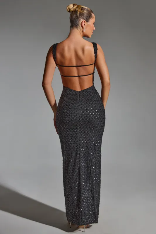 Embellished Open-Back Maxi Dress in Black | Parallel