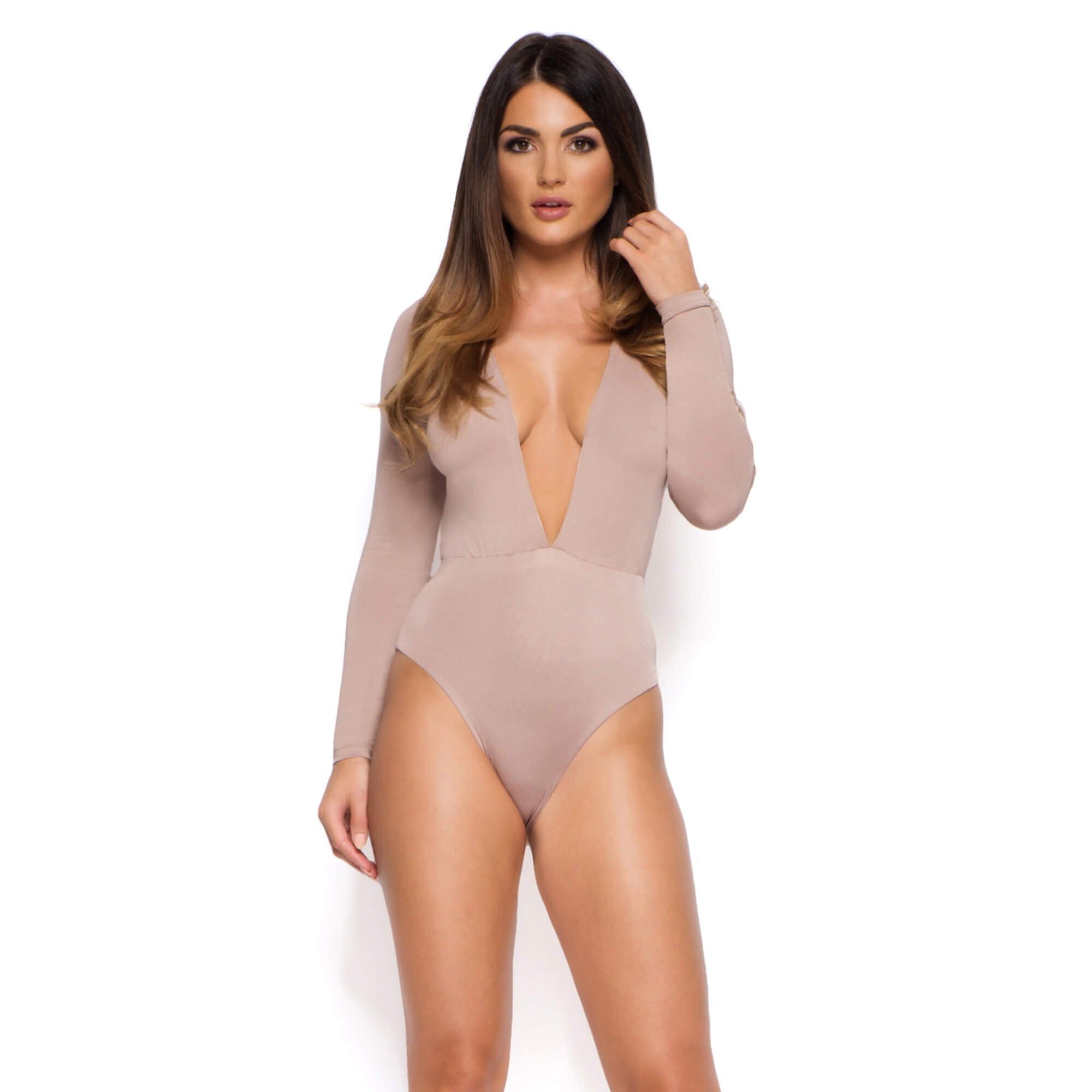 Show Down V Neck Bodysuit in Mocha sold by Oh Polly
