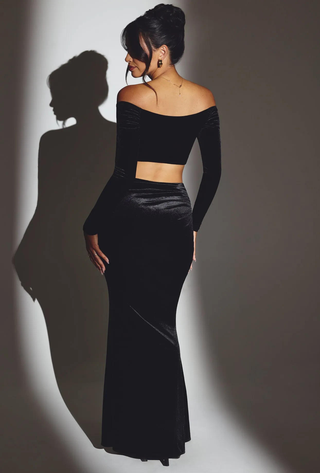 Velvet Off-Shoulder Ruched Crop Top in Jet Black sold by Oh Polly product image thumbnail 2