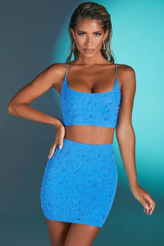 Embellished Mesh Mini Skirt in Blue sold by Oh Polly
