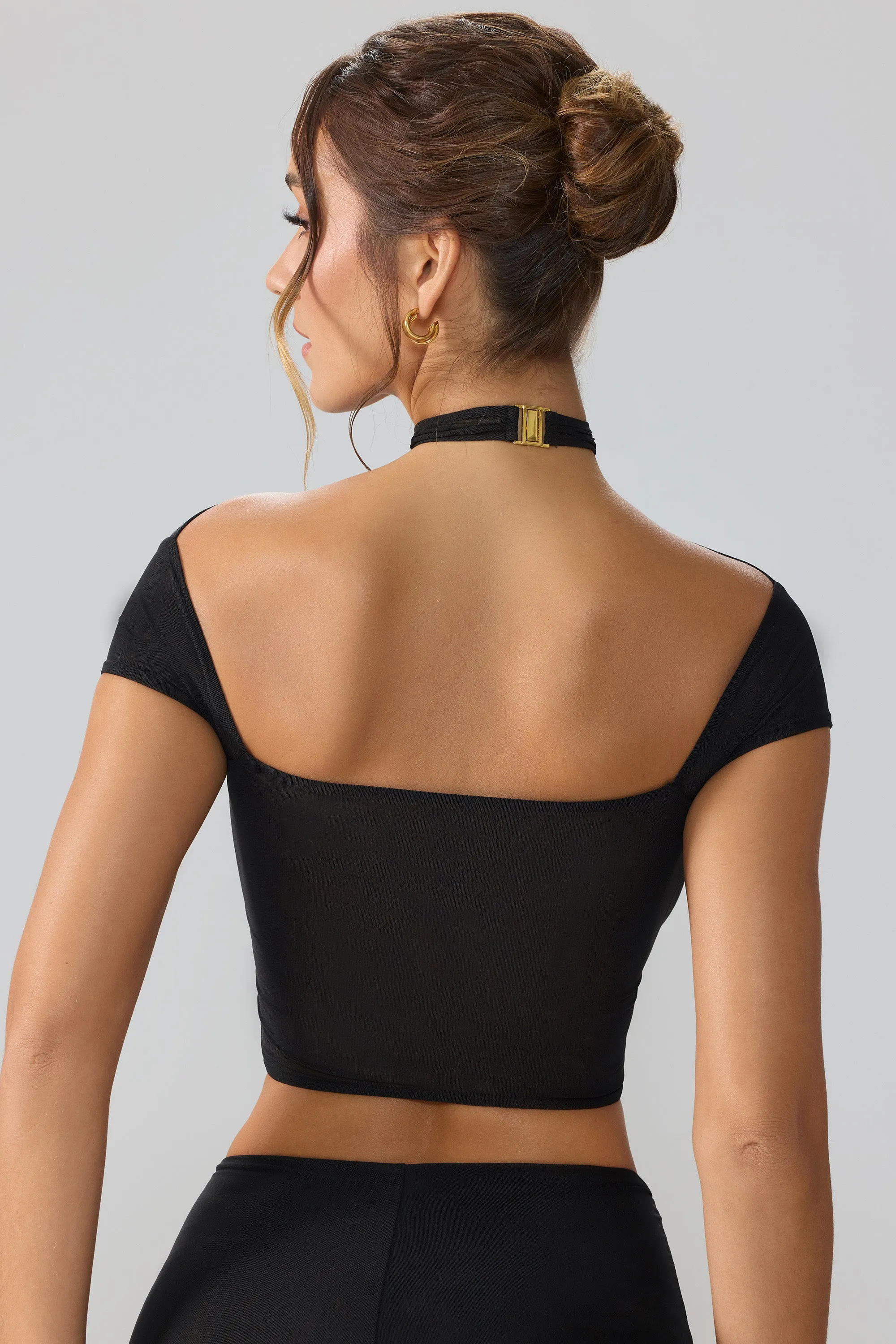 Mesh Cap Sleeve Cut Out Crop Top in Black sold by Oh Polly product image thumbnail 2