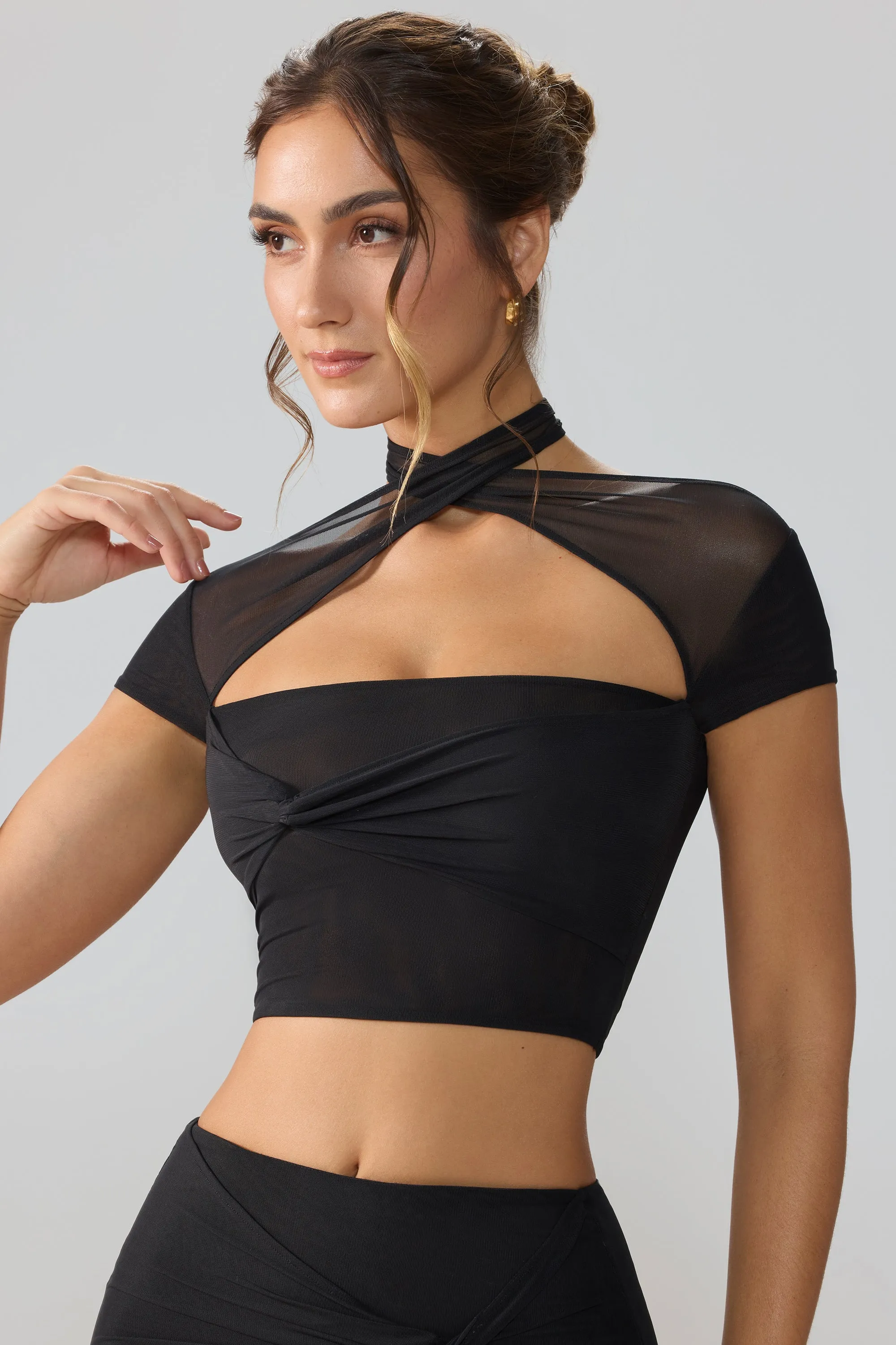 Mesh Cap Sleeve Cut Out Crop Top in Black sold by Oh Polly product image thumbnail 4