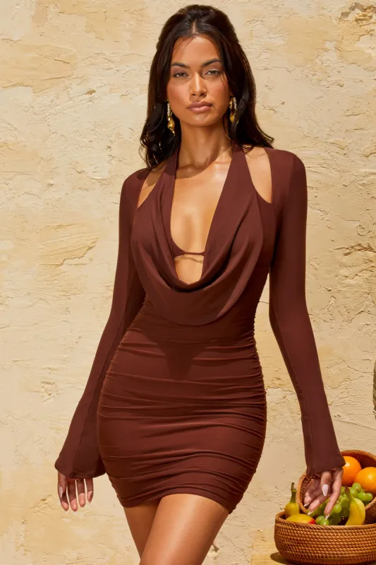 Halterneck Mini Dress in Brown sold by Oh Polly