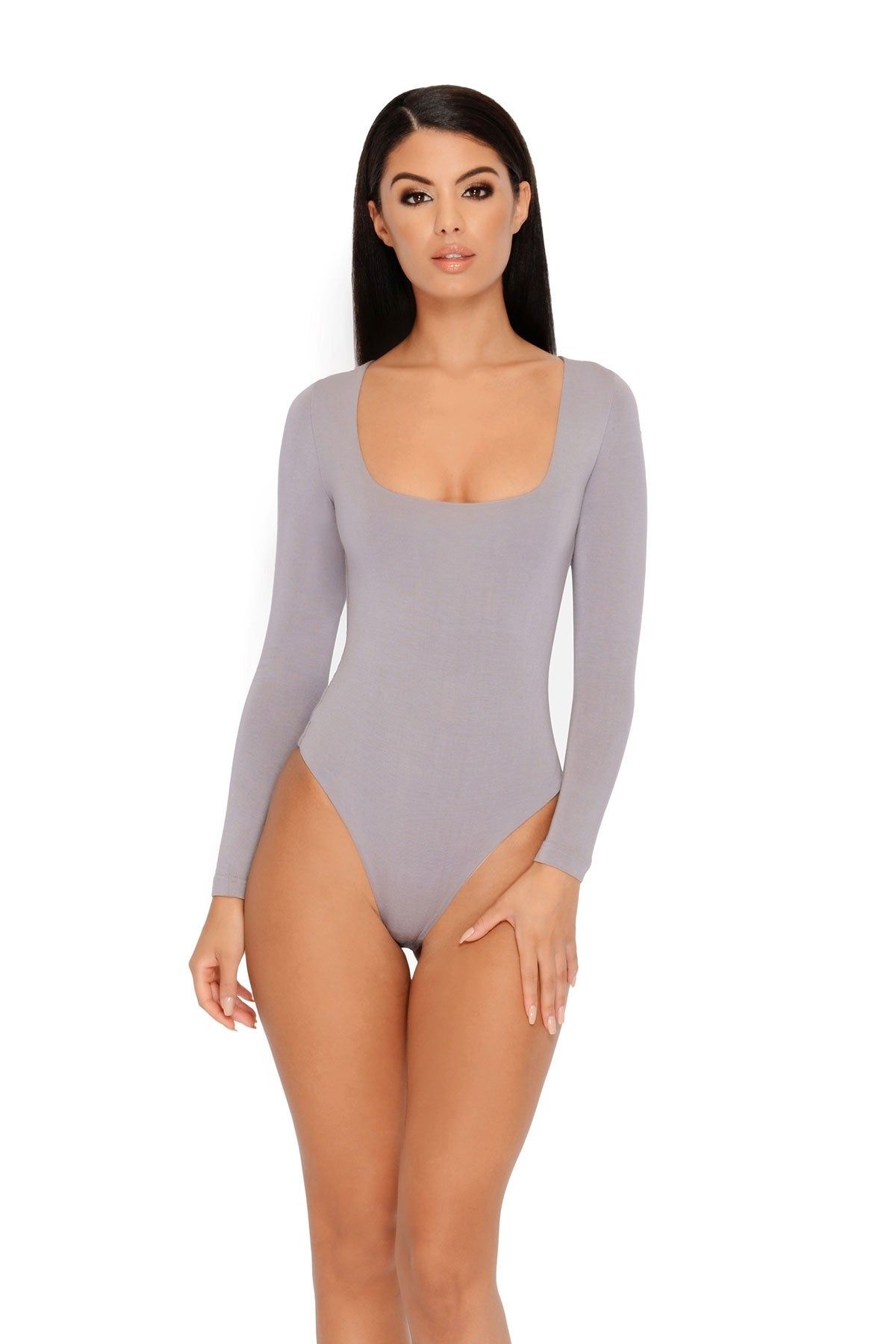 What's The Scoop Double Layered Long Sleeve Bodysuit in Taupe sold by Oh Polly