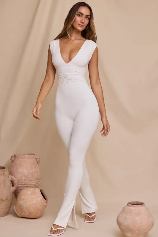 Tall Plunge Neck Ruched Waist Jumpsuit in White sold by Oh Polly