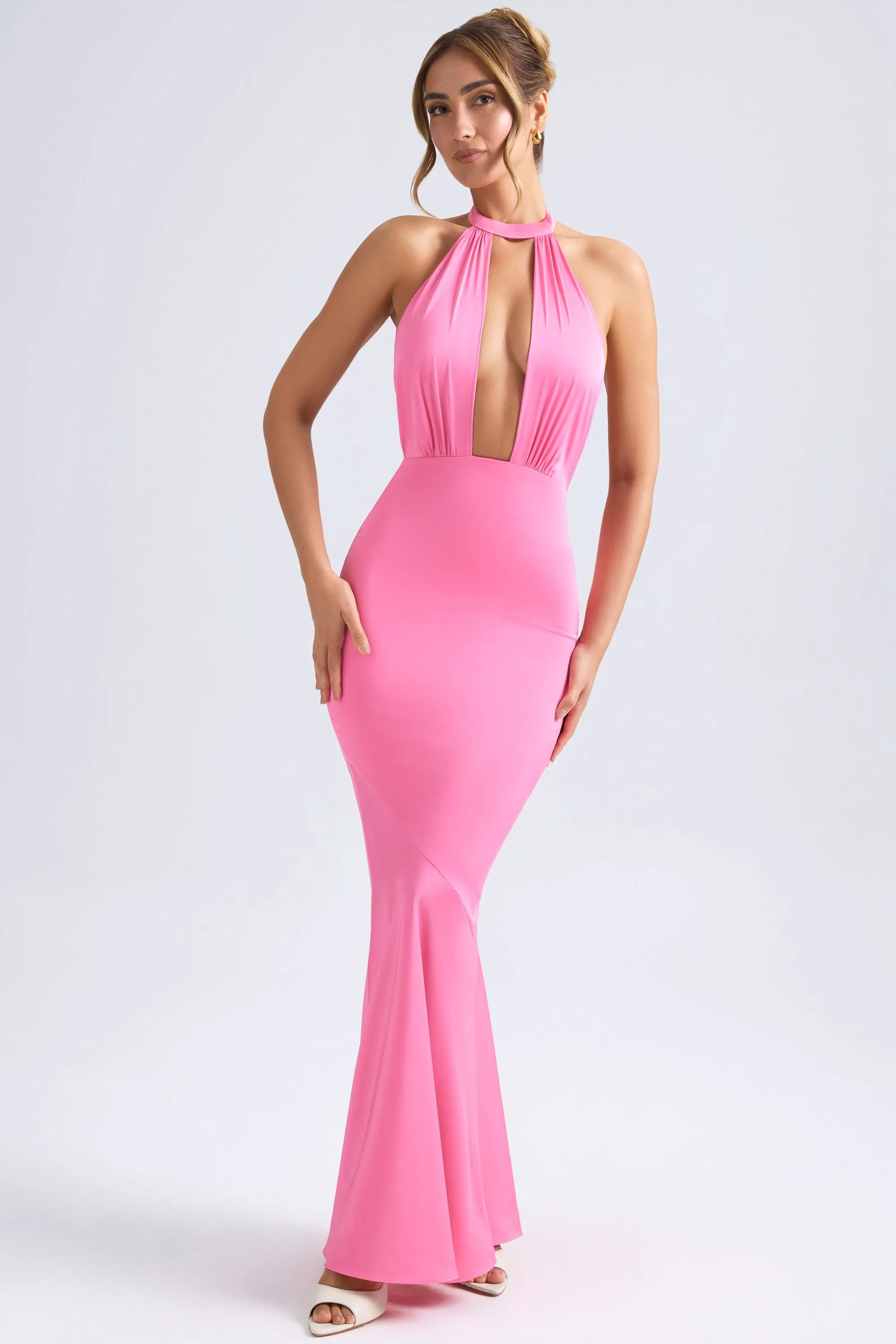 Halterneck Fishtail Gown in Hot Pink sold by Oh Polly