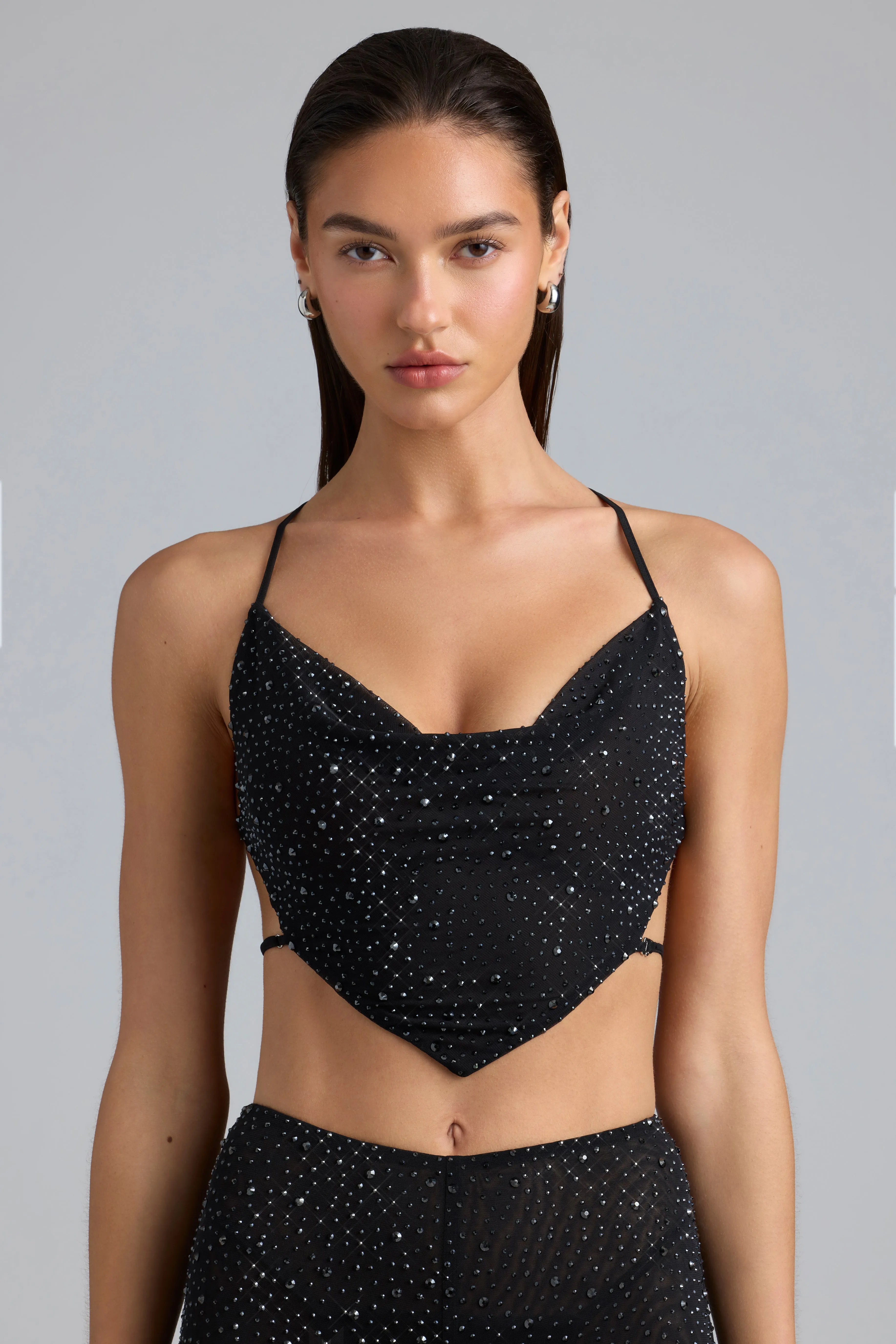 Embellished Cowl-Neck Crop Top in Black sold by Oh Polly