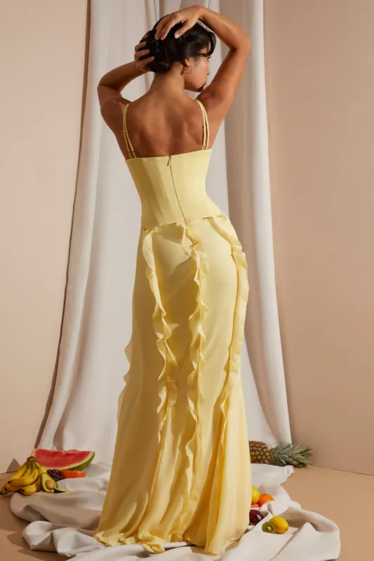 corset frill skirt maxi dress in yellow We have just ordered another fave to add to our collection and arriving in store soon! Our Oh Polly Perrine Corset Frill Maxi Dress available in yellow & red